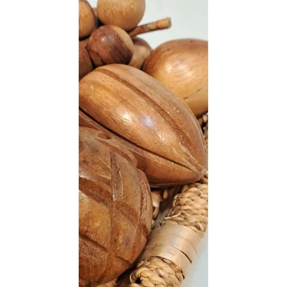 Vintage Hand Carved‎ Wooden Fruit Set with Woven Wicker Basket Centerpiece Decor